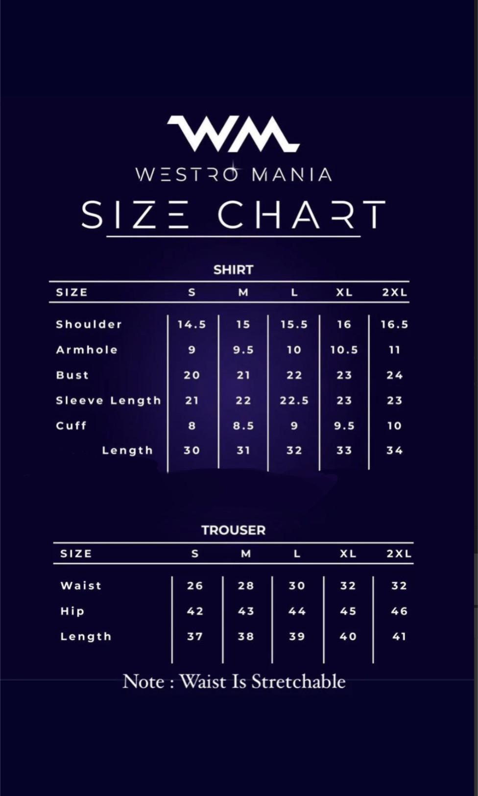 Westro Mania size chart for shirts and trousers on a dark background