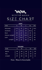 Westro Mania size chart for shirts and trousers on a dark background