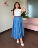 Denim A Line Pleated Midi Skirt